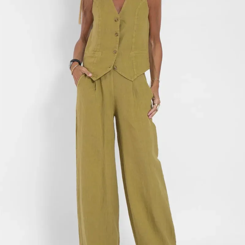 Fashionable High-waisted Wide-leg Trousers Suit For Women, Casual Commuting Temperament Vest And Vest 2-piece Set