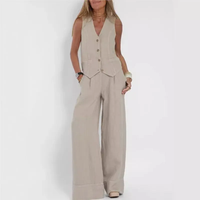 Fashionable High-waisted Wide-leg Trousers Suit For Women, Casual Commuting Temperament Vest And Vest 2-piece Set