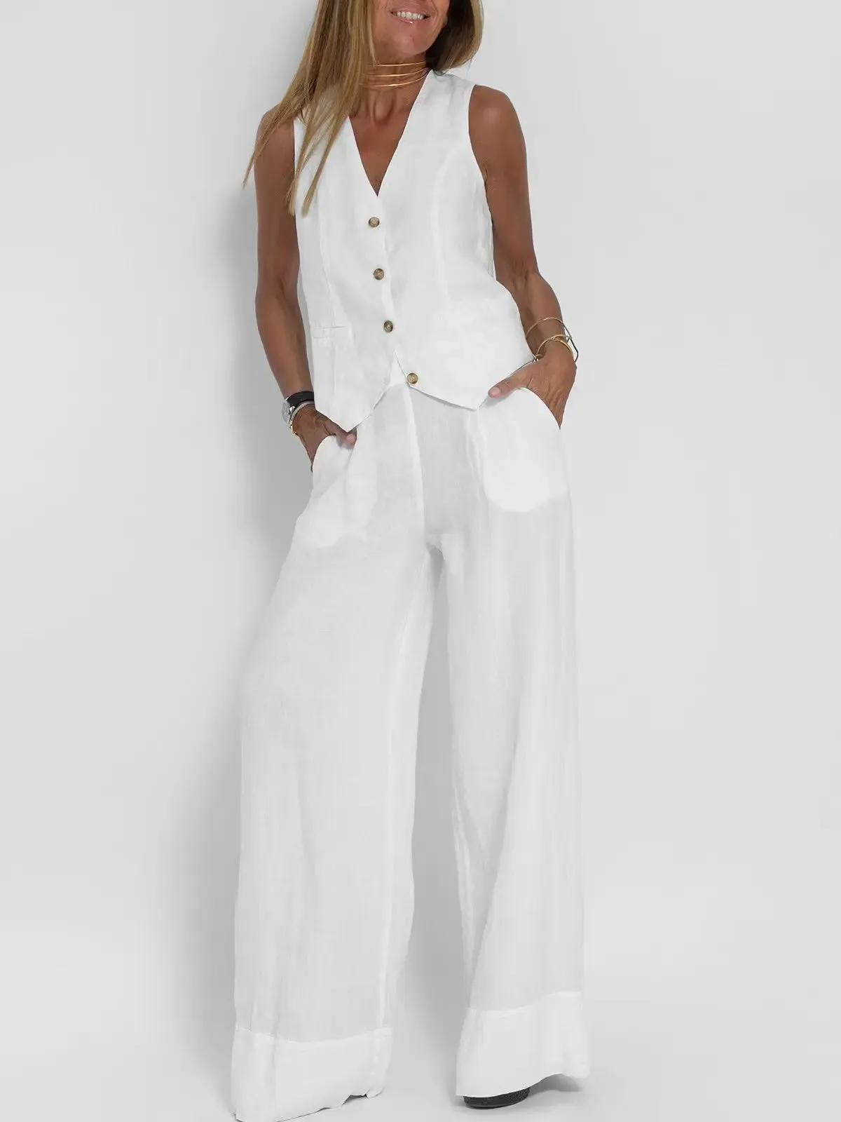 Fashionable High-waisted Wide-leg Trousers Suit For Women, Casual Commuting Temperament Vest And Vest 2-piece Set