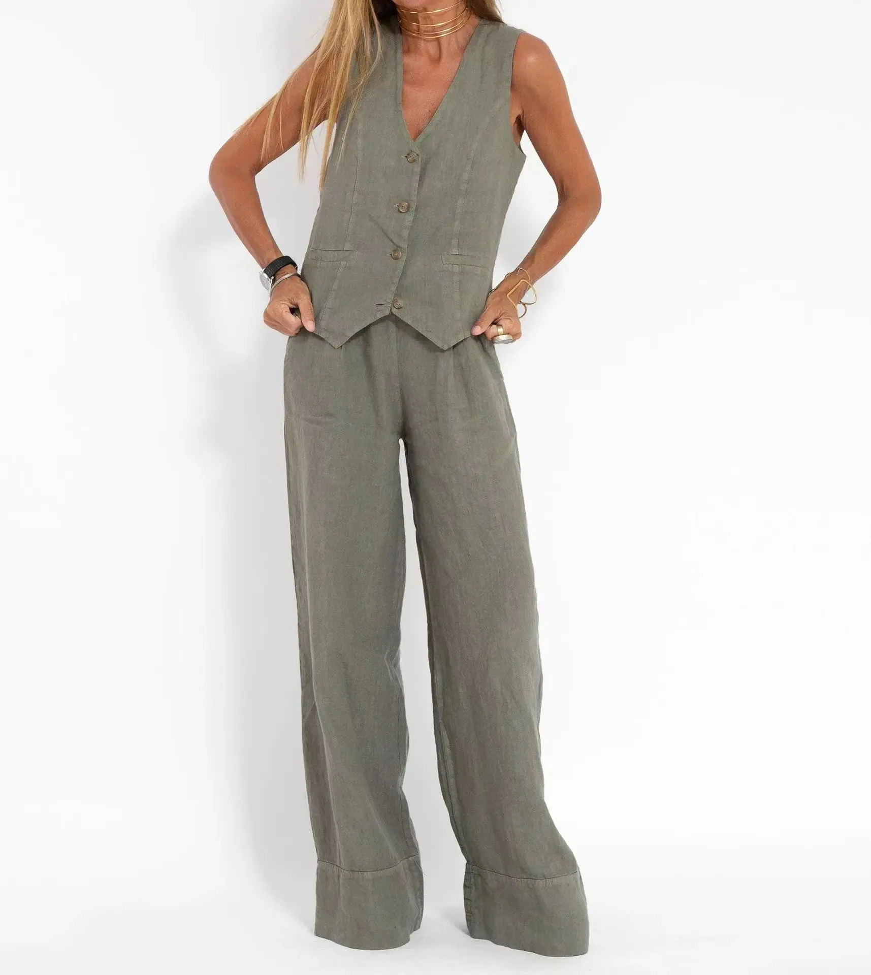 Fashionable High-waisted Wide-leg Trousers Suit For Women, Casual Commuting Temperament Vest And Vest 2-piece Set