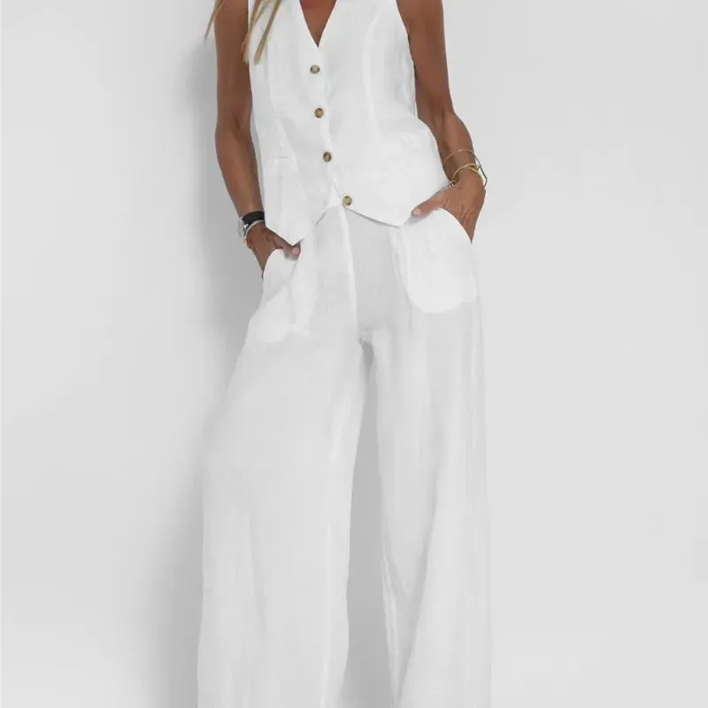 Fashionable High-waisted Wide-leg Trousers Suit For Women, Casual Commuting Temperament Vest And Vest 2-piece Set
