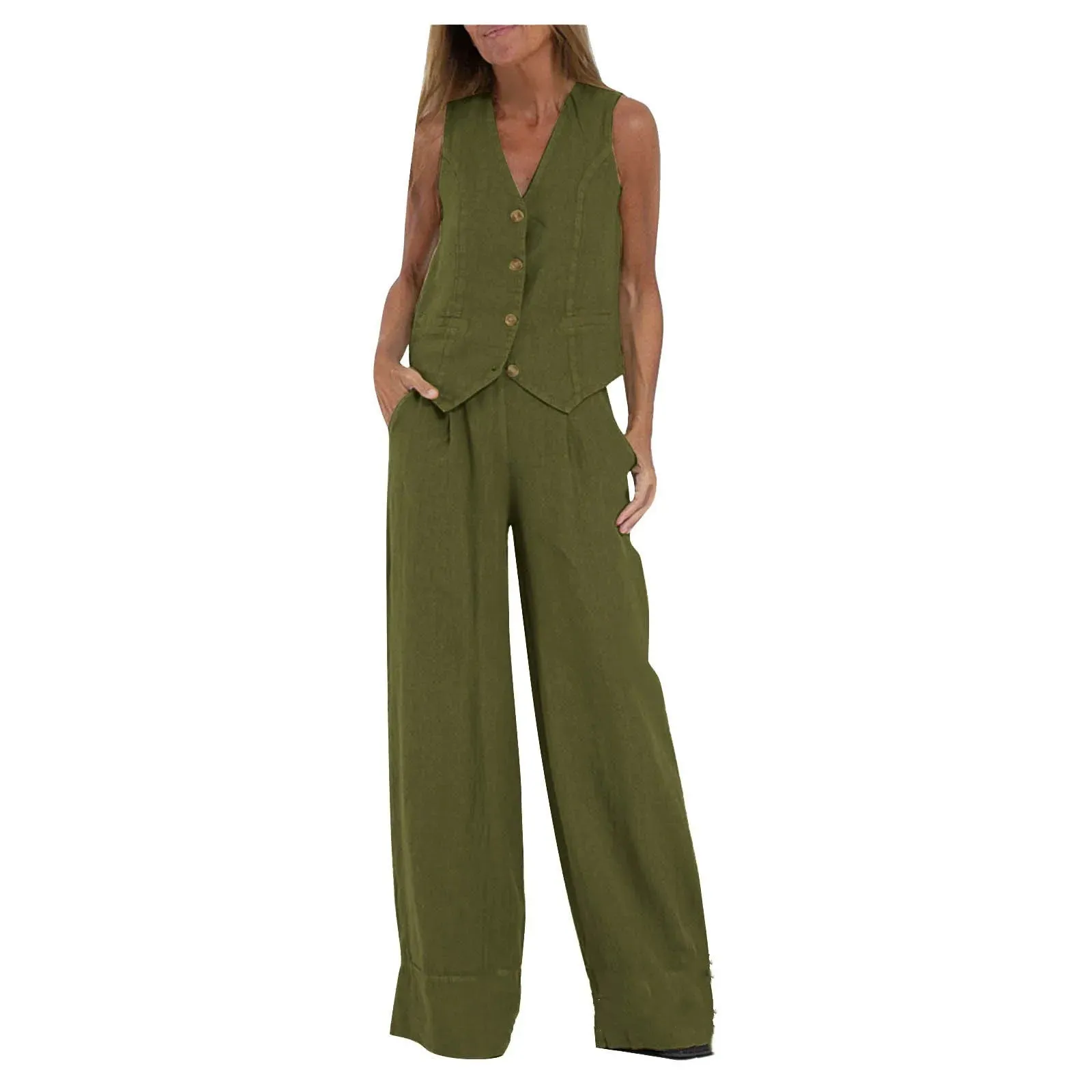 Fashionable High-waisted Wide-leg Trousers Suit For Women, Casual Commuting Temperament Vest And Vest 2-piece Set