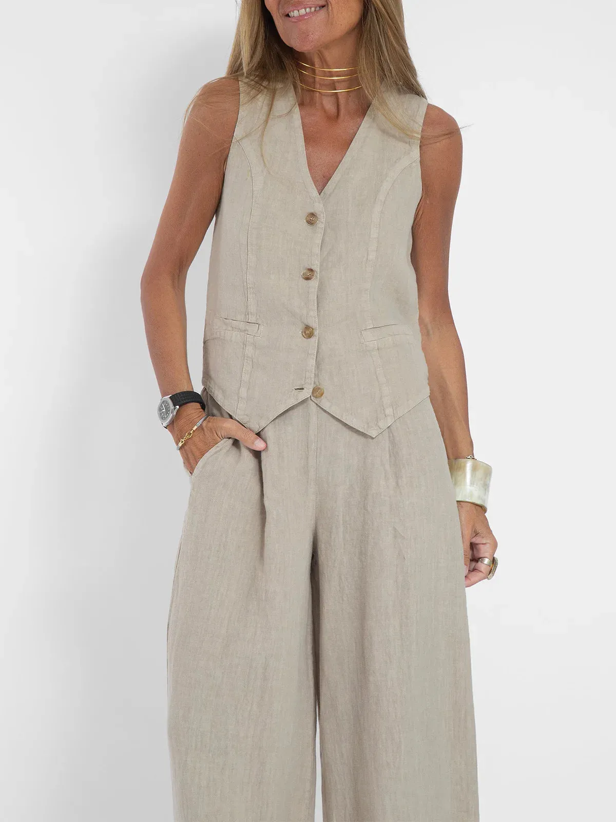 Fashionable High-waisted Wide-leg Trousers Suit For Women, Casual Commuting Temperament Vest And Vest 2-piece Set