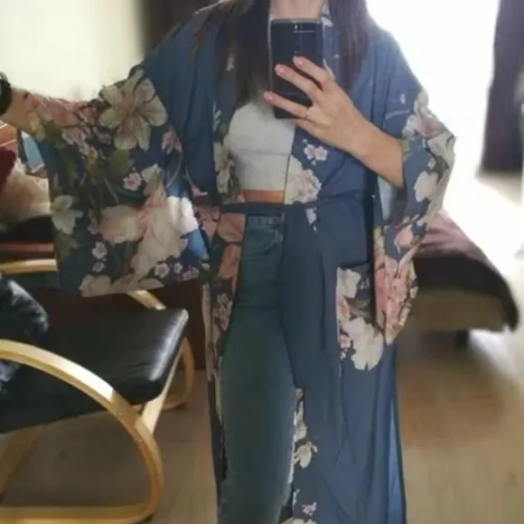 Floral Gypsy Boho Peacock Long Flowy Kimono Robe