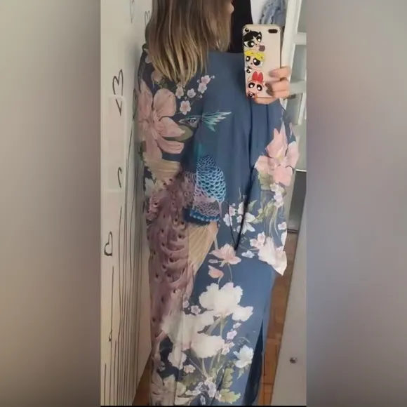 Floral Gypsy Boho Peacock Long Flowy Kimono Robe