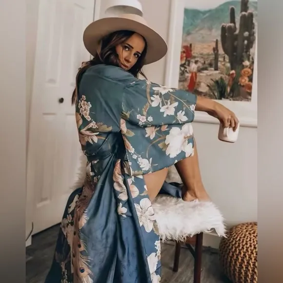 Floral Gypsy Boho Peacock Long Flowy Kimono Robe