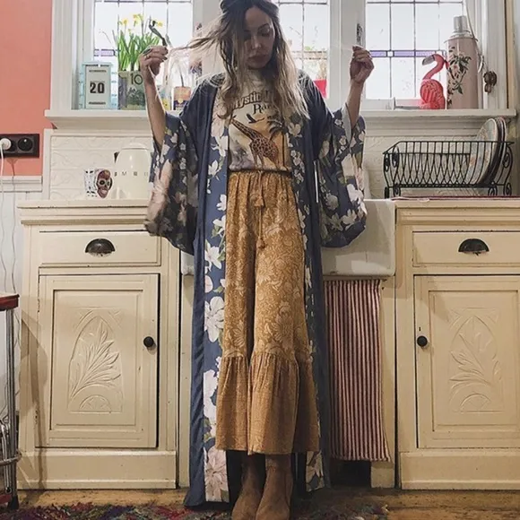 Floral Gypsy Boho Peacock Long Flowy Kimono Robe