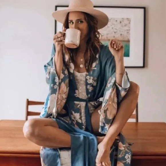 Floral Gypsy Boho Peacock Long Flowy Kimono Robe