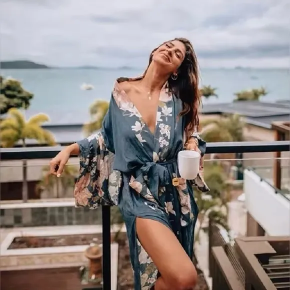 Floral Gypsy Boho Peacock Long Flowy Kimono Robe
