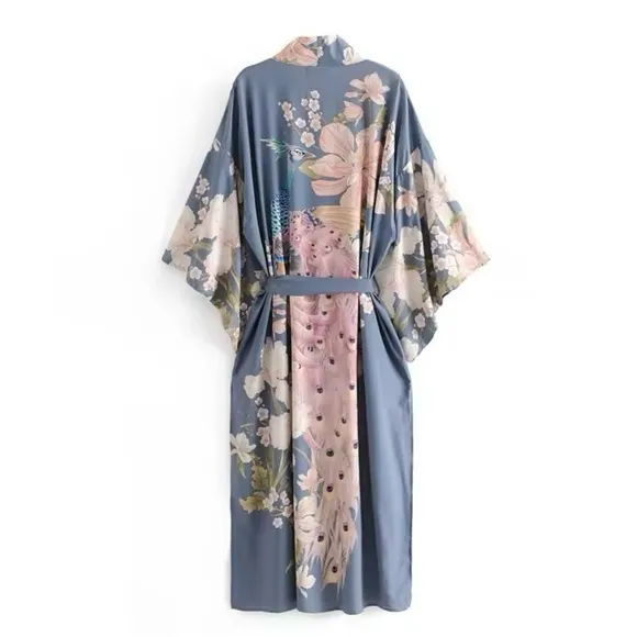 Floral Gypsy Boho Peacock Long Flowy Kimono Robe