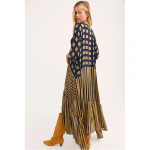 Free People Kenna Ruffle Kimono Robe Yellow Navy OS