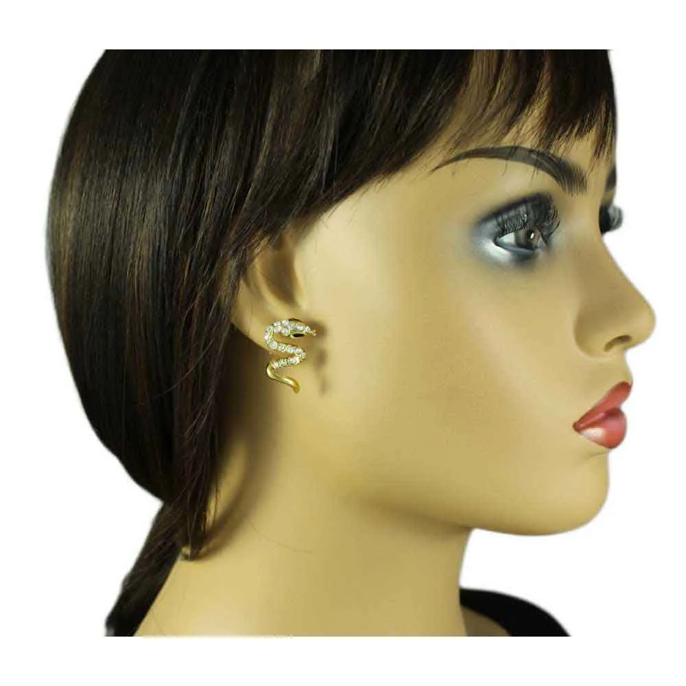 Gold and Crystal Hissing Snake Pierced Earring - REC536