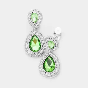 Green Crystal Pave Trim Teardrop Clip on Earrings
