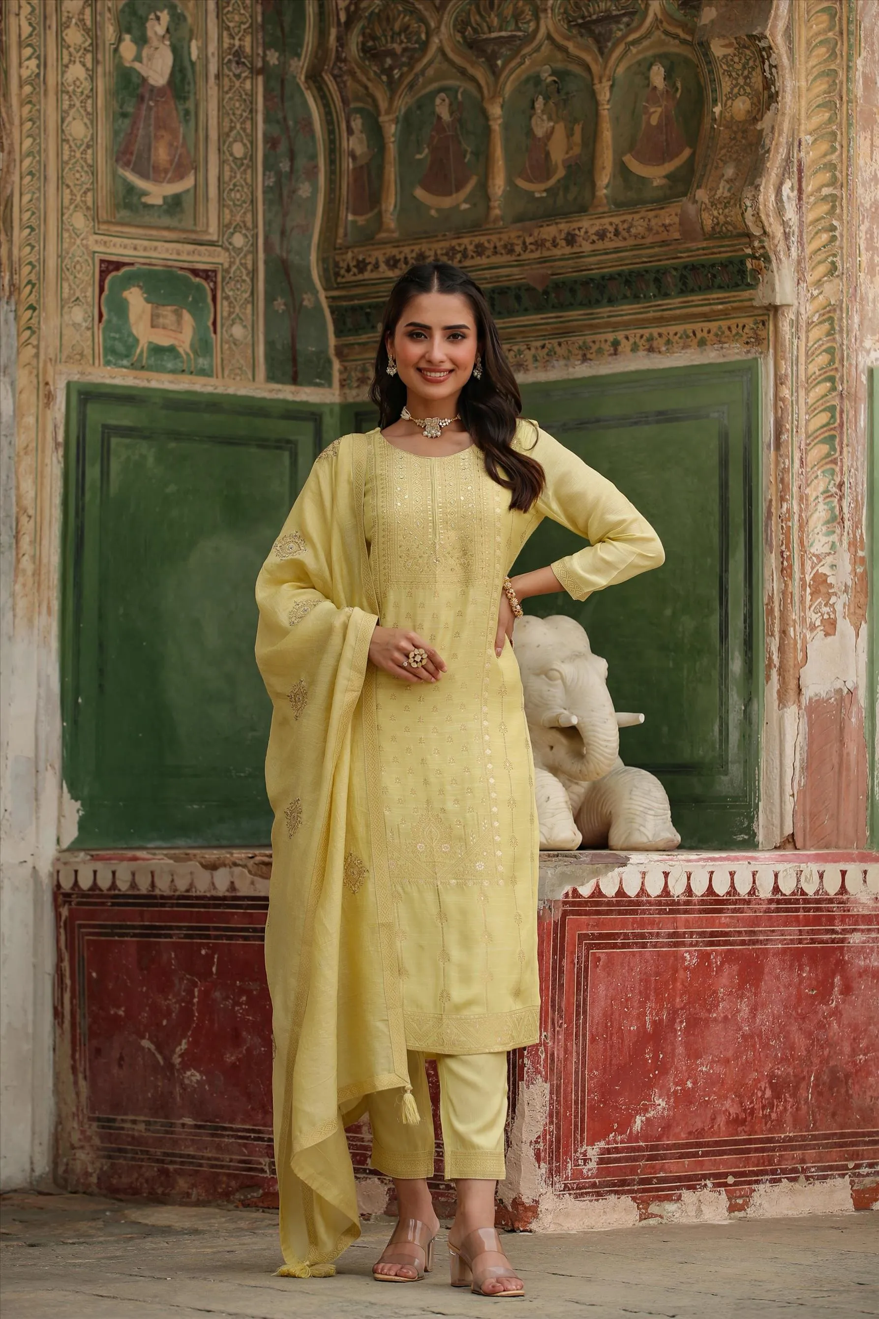 Green Russian Silk Slub Jacquard Suit Set
