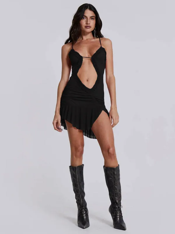 Halter Neck Mini Dress with Ruffled Trim and Cut-Out Front