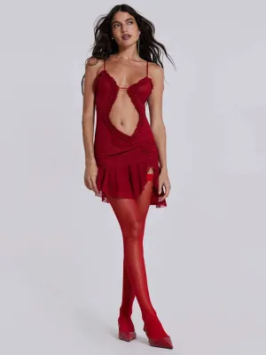 Halter Neck Mini Dress with Ruffled Trim and Cut-Out Front