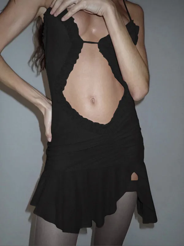 Halter Neck Mini Dress with Ruffled Trim and Cut-Out Front