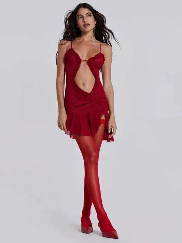 Halter Neck Mini Dress with Ruffled Trim and Cut-Out Front