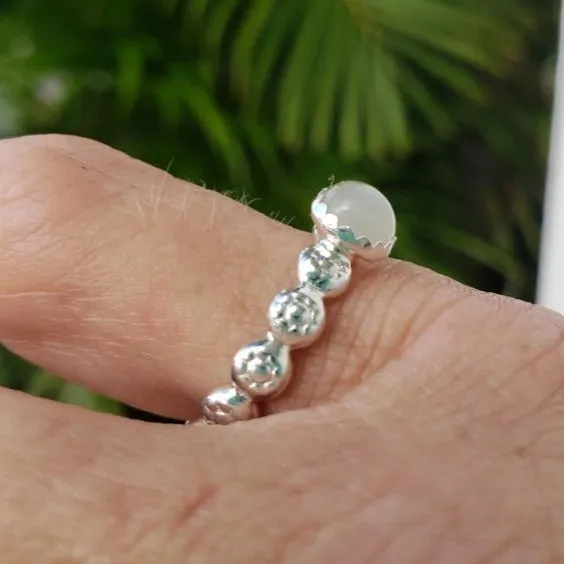 Handmade Sterling Silver .925 Daisy Flower Ring with Moonstone Cabochon | June Birthstone & Healing Gem