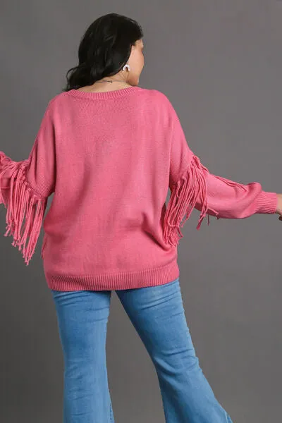 Hazel Blues® | Umgee Fringe Round Neck Long Sleeve Sweater
