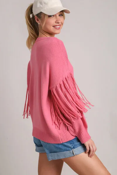 Hazel Blues® | Umgee Fringe Round Neck Long Sleeve Sweater