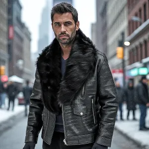 HEED NYC Men's Signature Embossed Leather Moto Jacket