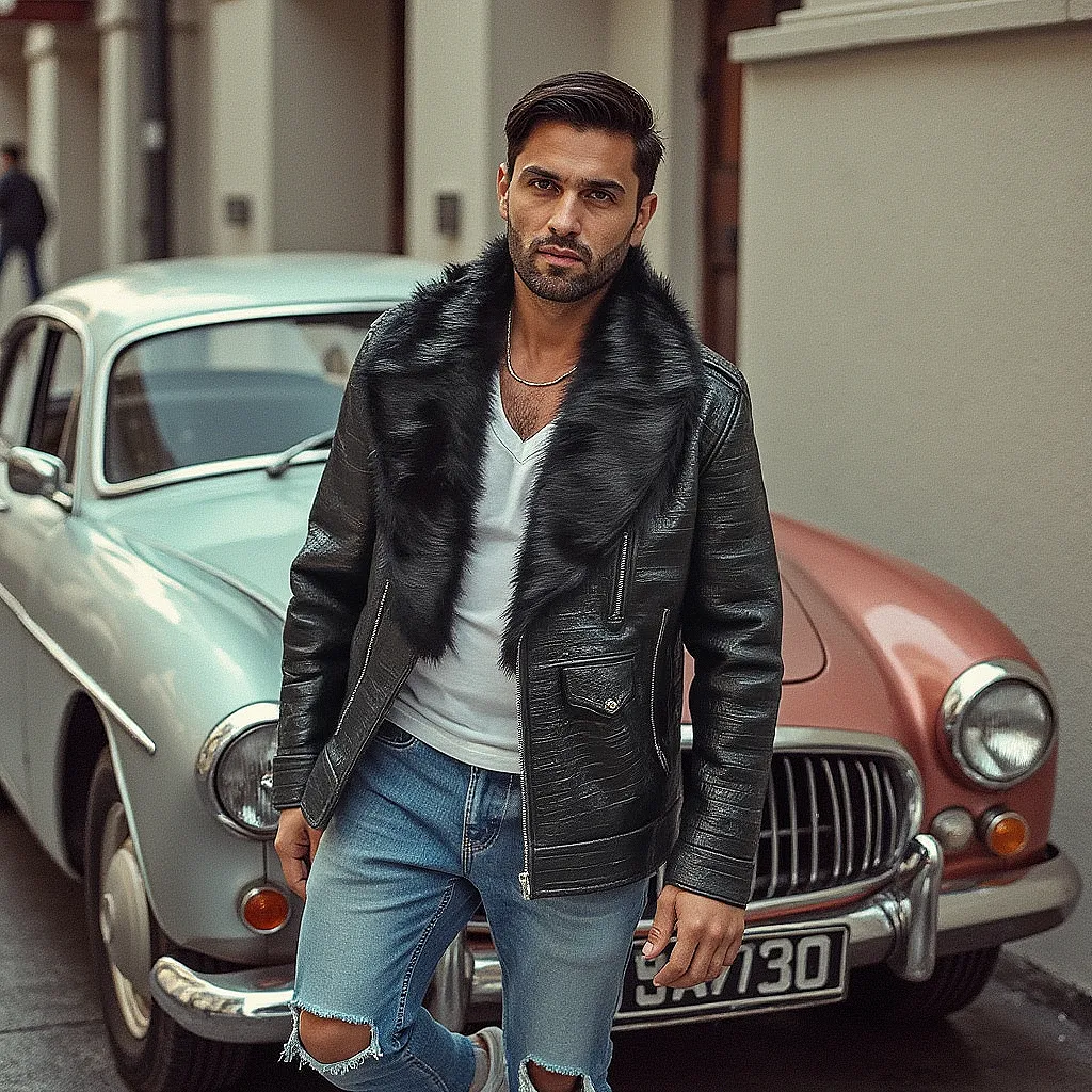 HEED NYC Men's Signature Embossed Leather Moto Jacket