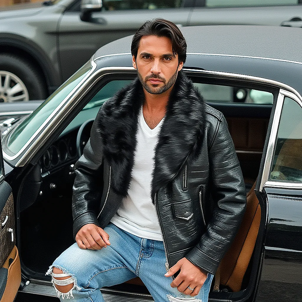 HEED NYC Men's Signature Embossed Leather Moto Jacket
