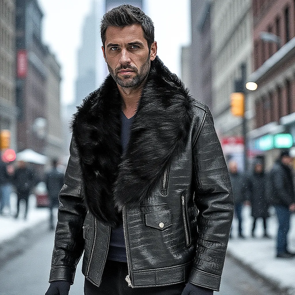 HEED NYC Men's Signature Embossed Leather Moto Jacket