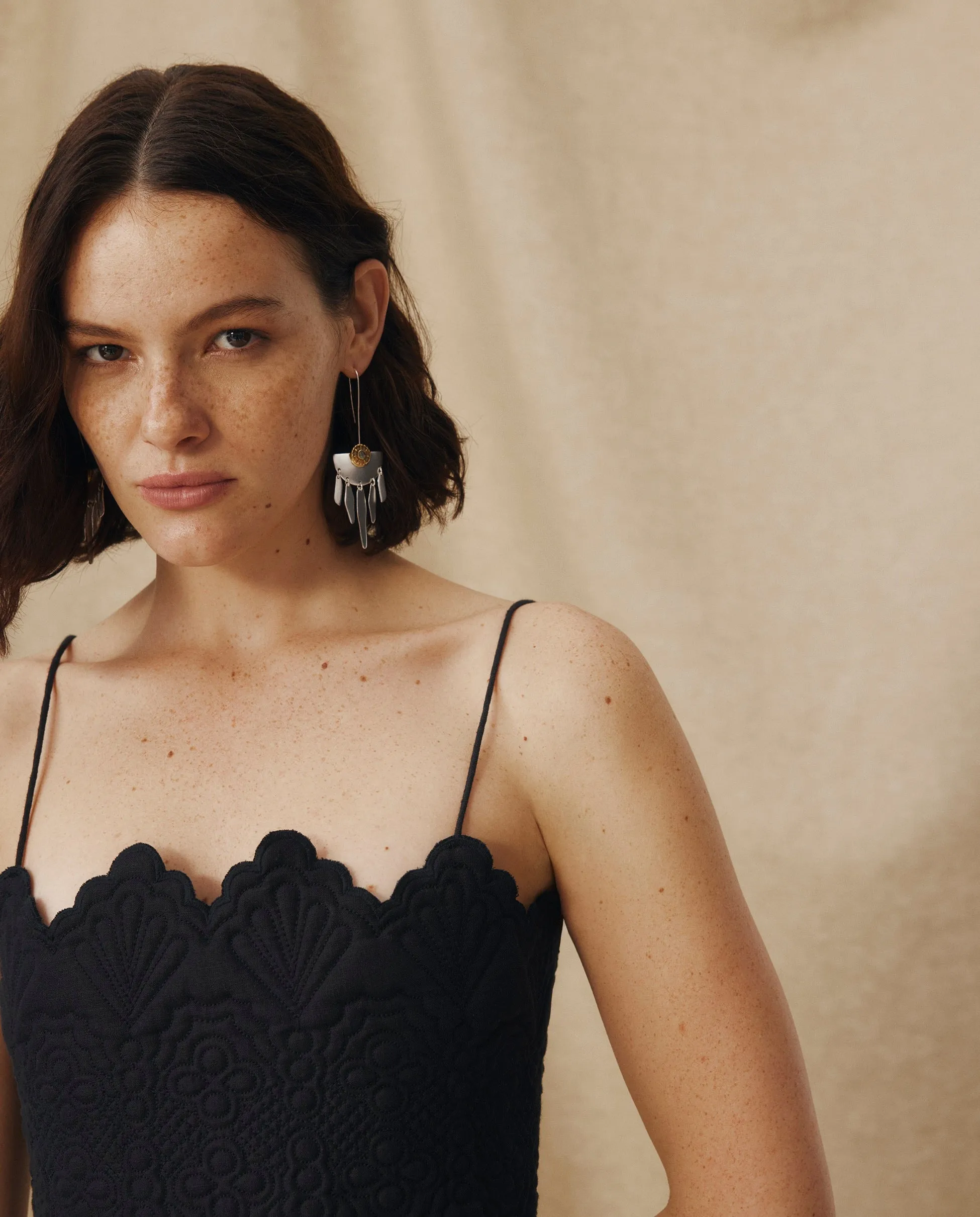 ISHANI | Black Trapunto Embroidered Linen Top