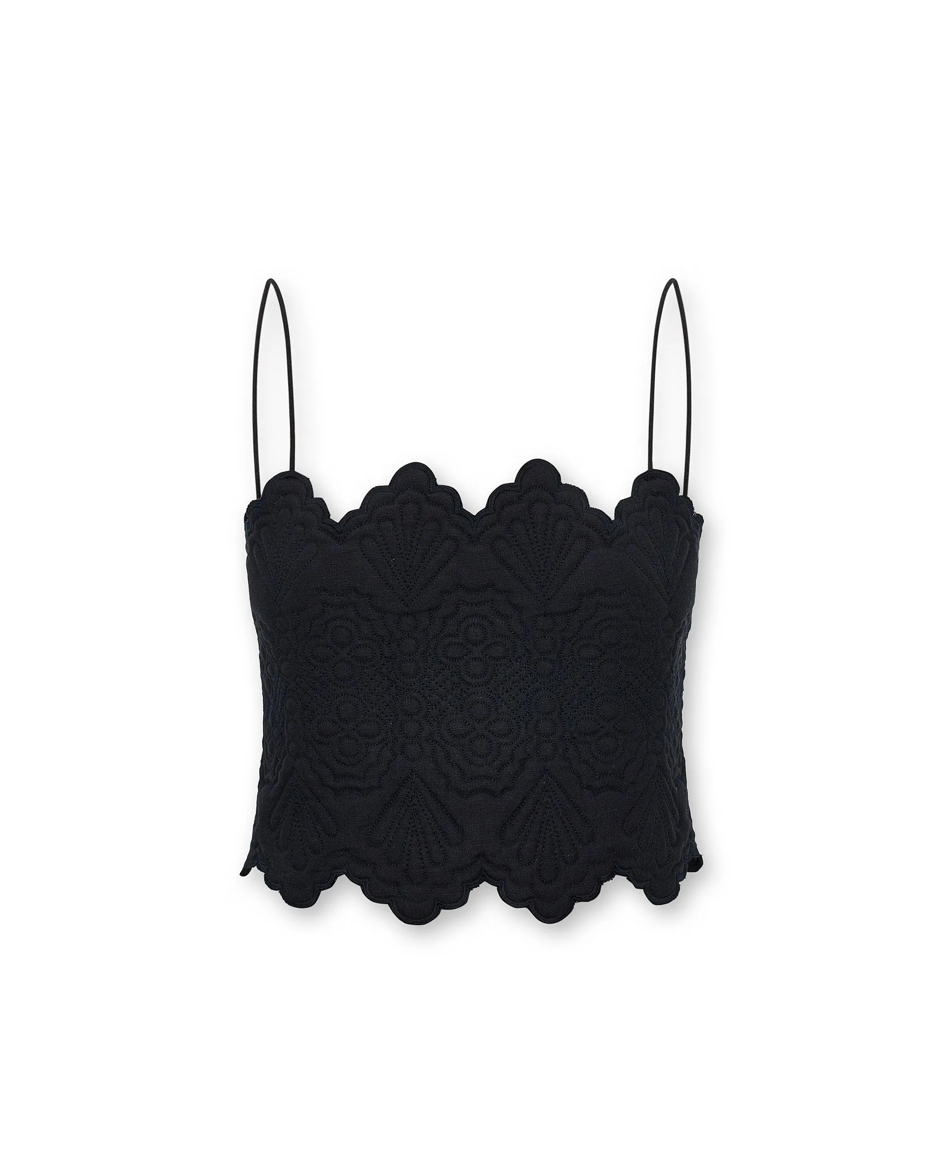 ISHANI | Black Trapunto Embroidered Linen Top