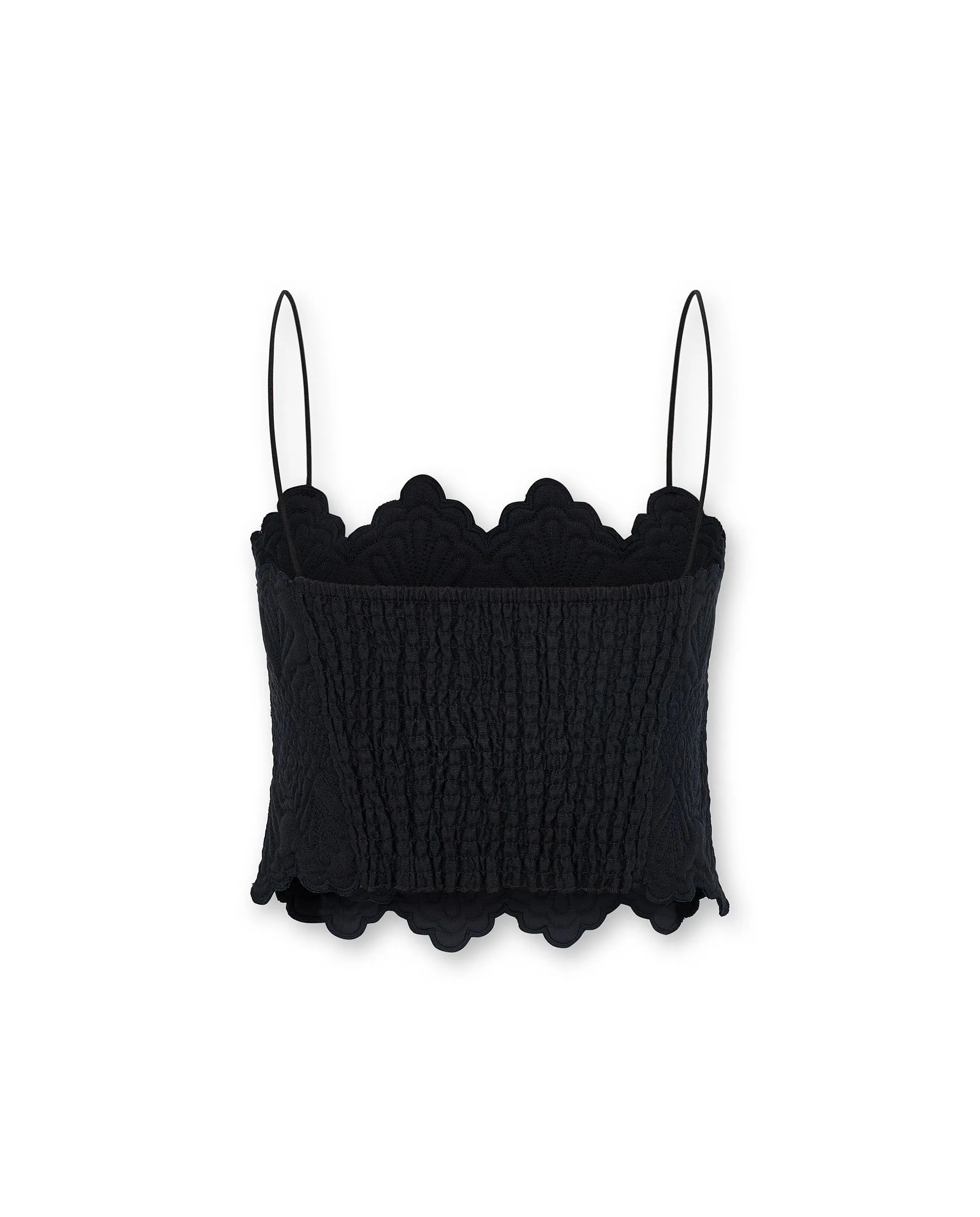 ISHANI | Black Trapunto Embroidered Linen Top