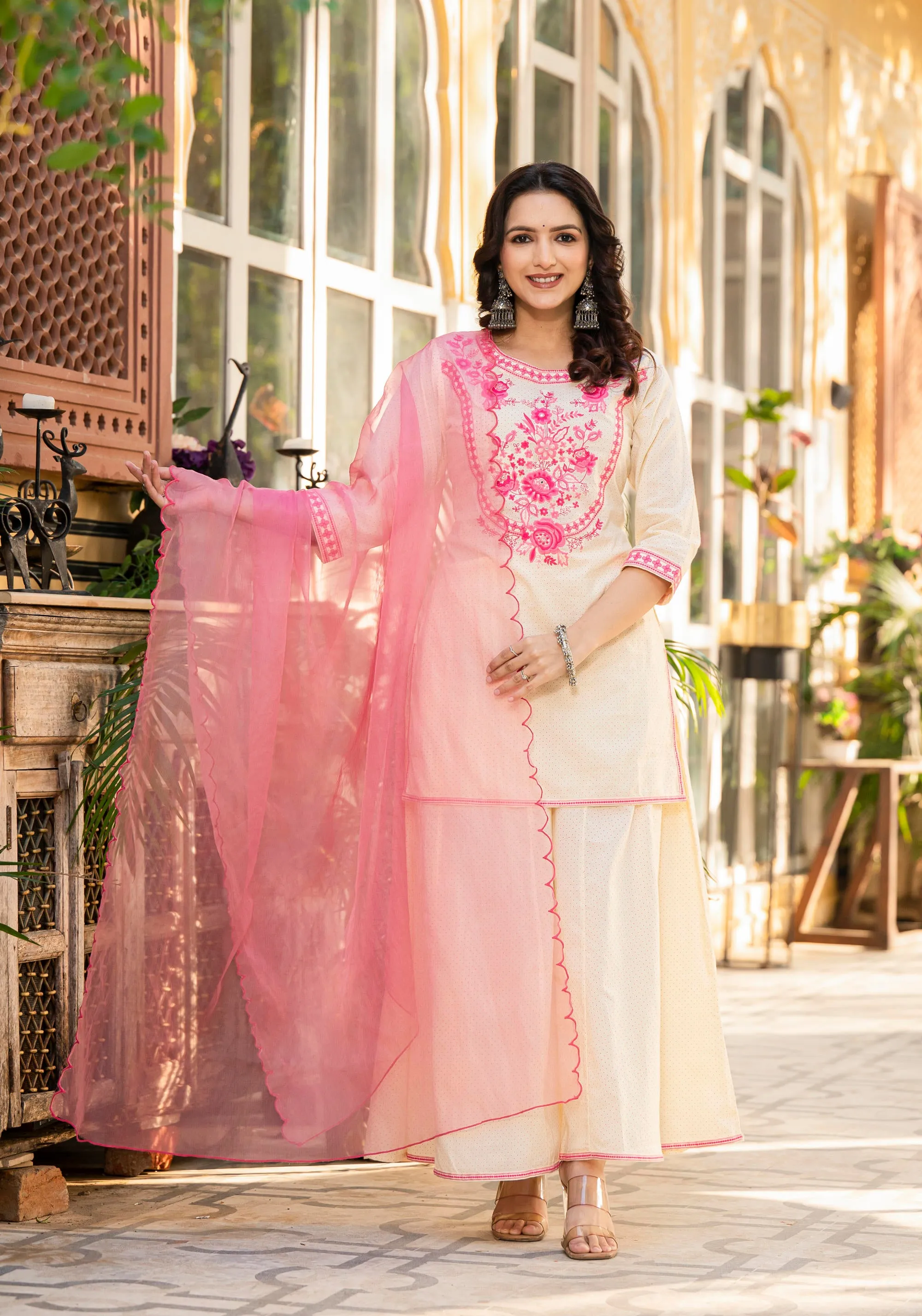 Ivory Ethnic Motif Printed Cotton Kurta Palazzo And Dupatta Set With Thread & Mirror Work