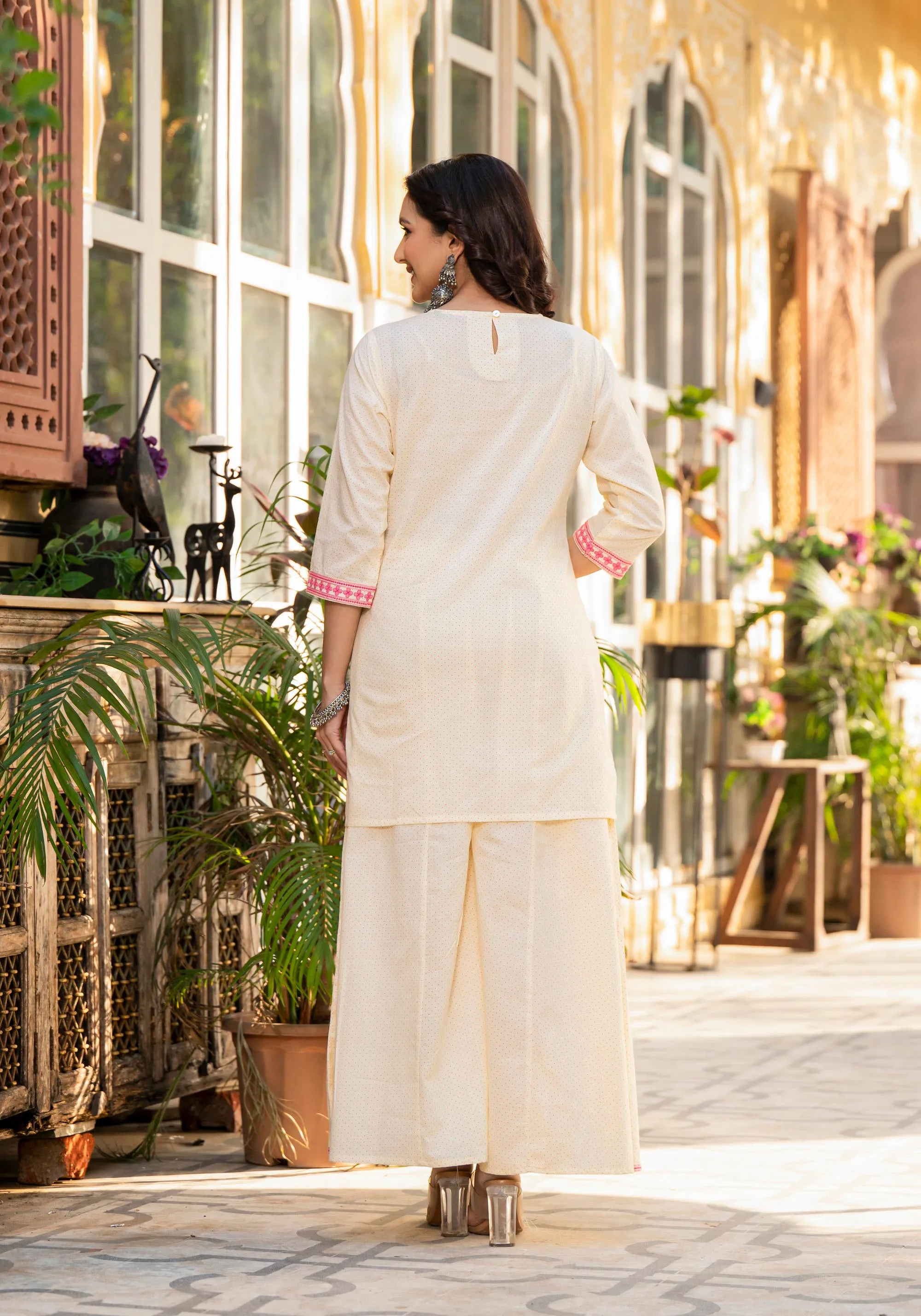 Ivory Ethnic Motif Printed Cotton Kurta Palazzo And Dupatta Set With Thread & Mirror Work