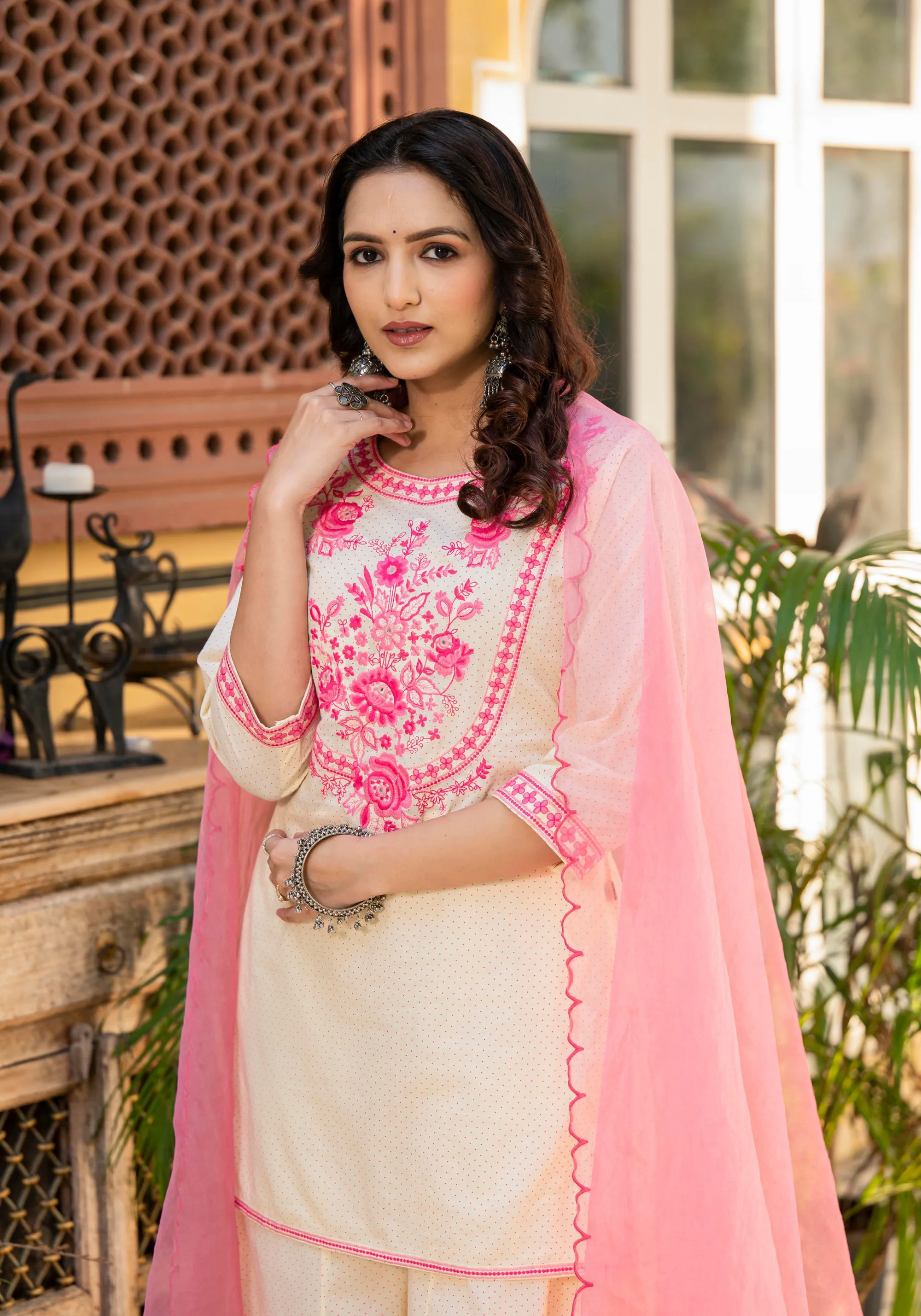 Ivory Ethnic Motif Printed Cotton Kurta Palazzo And Dupatta Set With Thread & Mirror Work