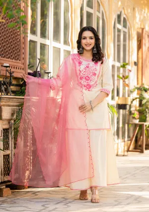 Ivory Ethnic Motif Printed Cotton Kurta Palazzo And Dupatta Set With Thread & Mirror Work