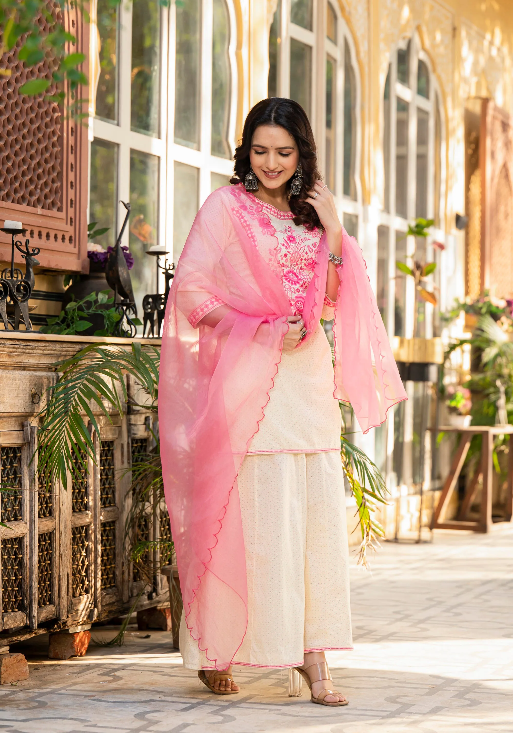 Ivory Ethnic Motif Printed Cotton Kurta Palazzo And Dupatta Set With Thread & Mirror Work
