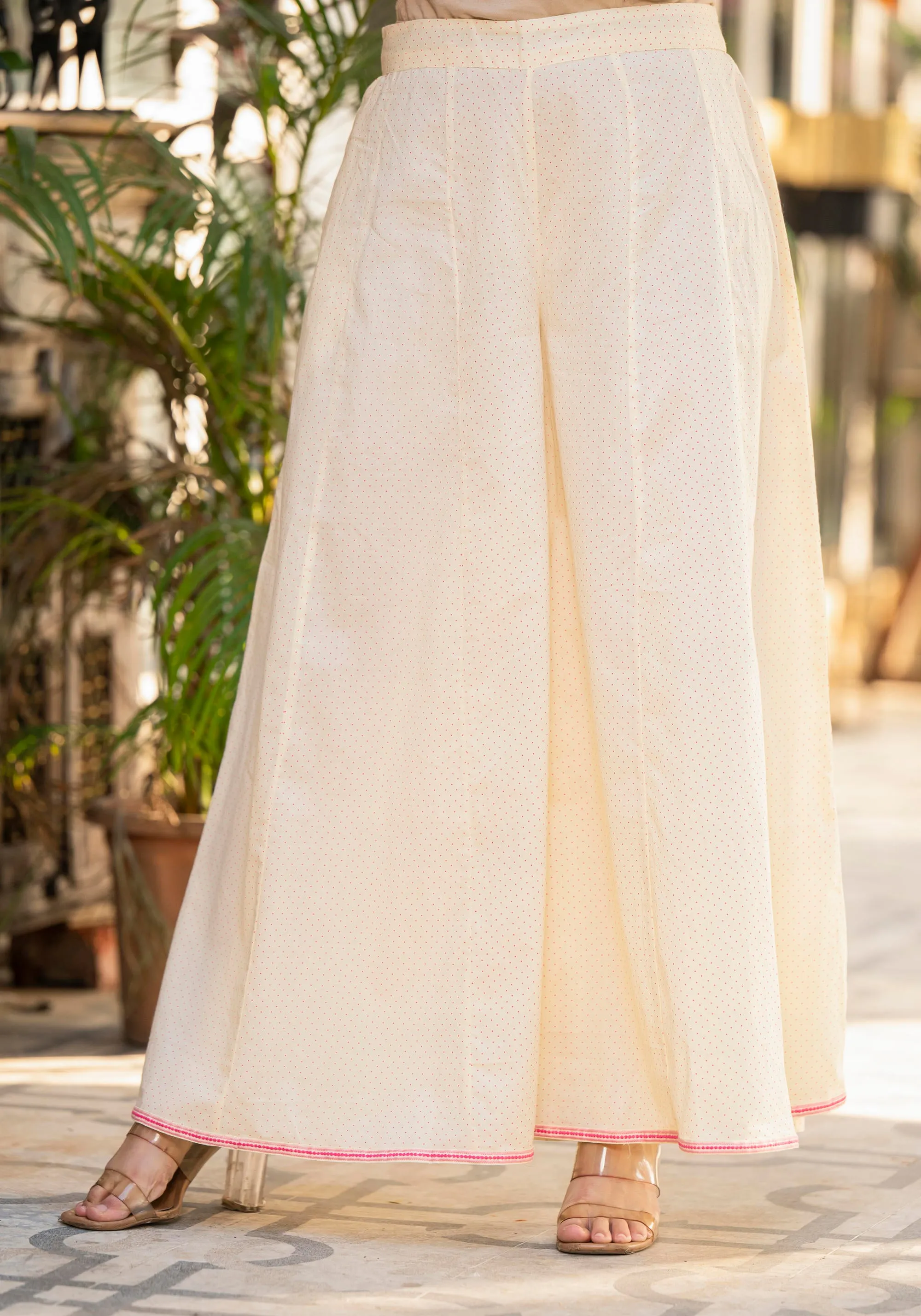 Ivory Ethnic Motif Printed Cotton Kurta Palazzo And Dupatta Set With Thread & Mirror Work