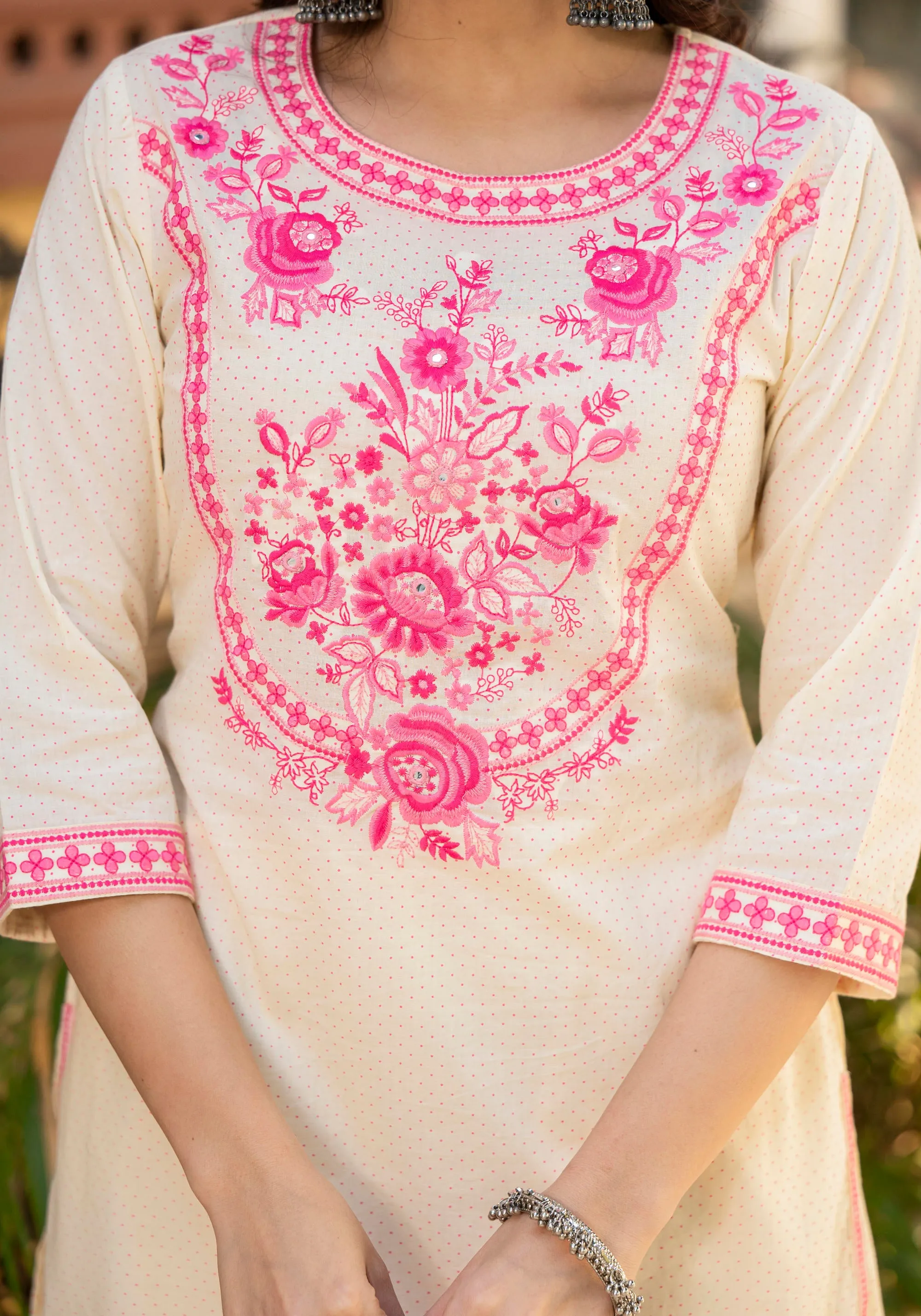 Ivory Ethnic Motif Printed Cotton Kurta Palazzo And Dupatta Set With Thread & Mirror Work