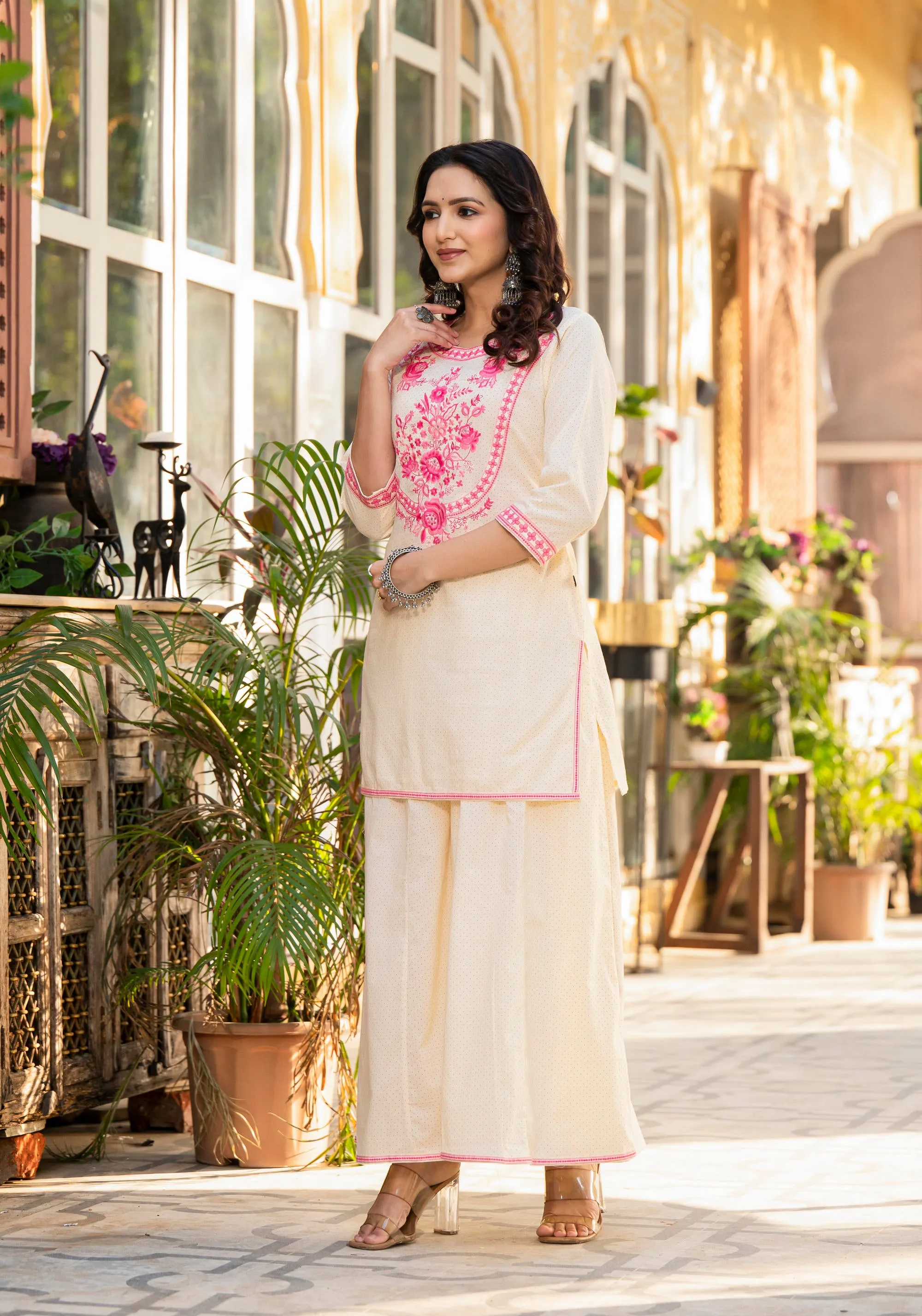 Ivory Ethnic Motif Printed Cotton Kurta Palazzo And Dupatta Set With Thread & Mirror Work