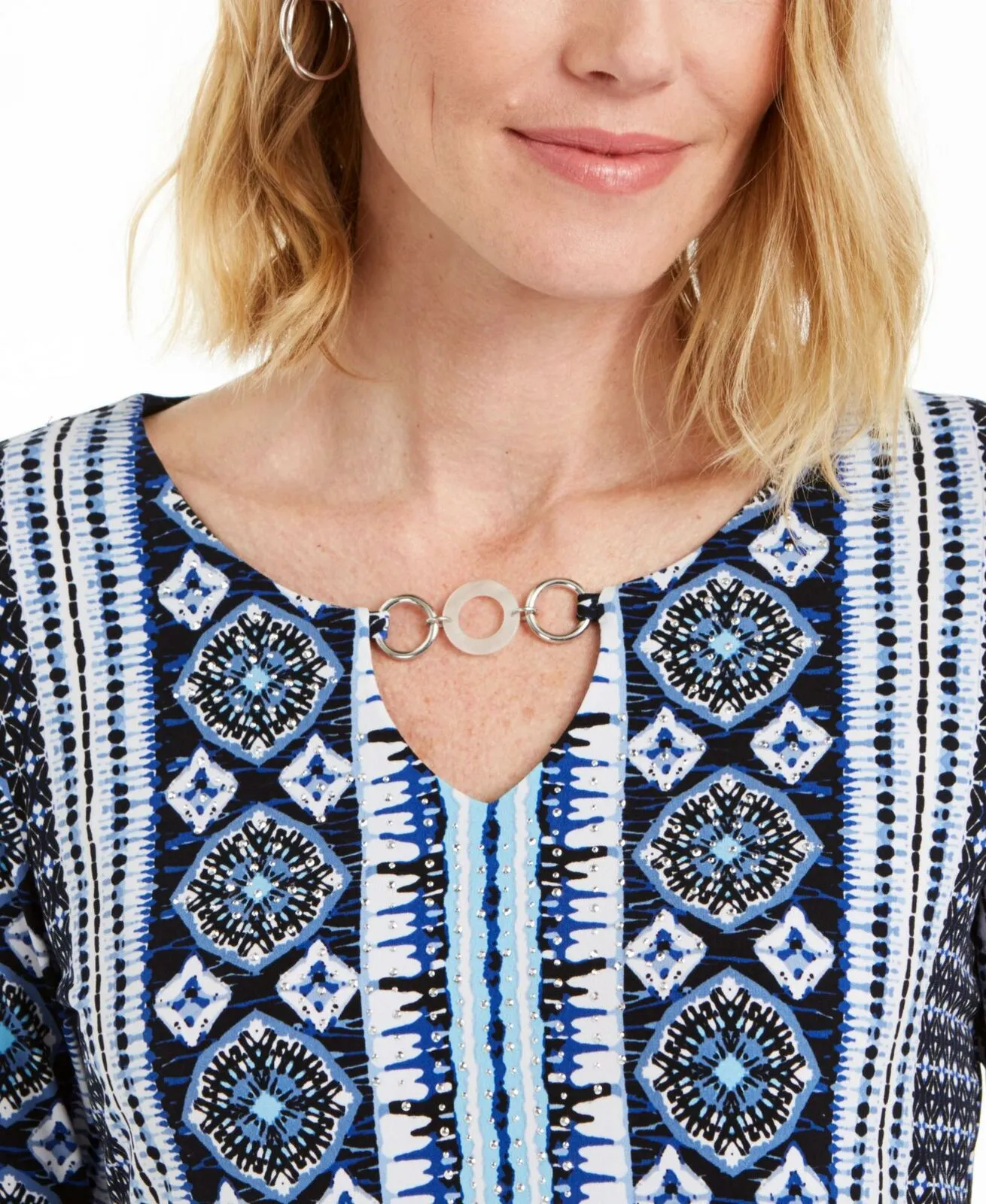 JM Collection Petite Geo Studded Link Neck Knit Top
