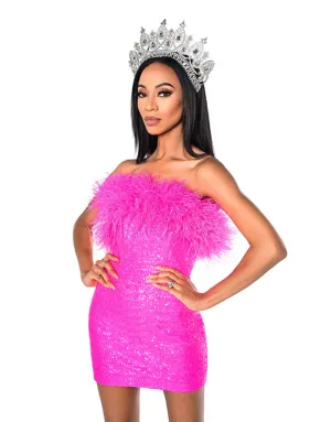 Keres Hot Pink Strapless Cocktail Dress with Ostrich Feathers | Debbie Carroll Designs