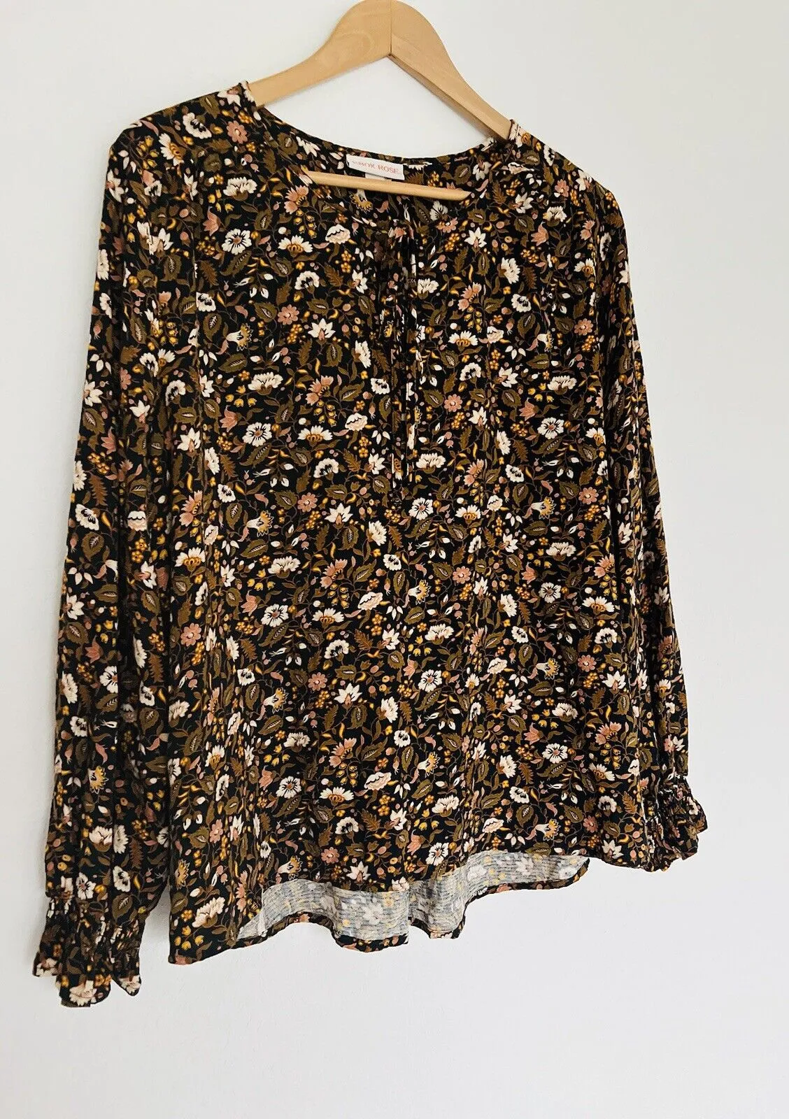 KNOX ROSE Floral Pullover Blouse Sz XL Tie Neck Long Sleeve Tunic Top Boho