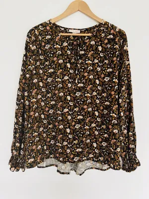 KNOX ROSE Floral Pullover Blouse Sz XL Tie Neck Long Sleeve Tunic Top Boho