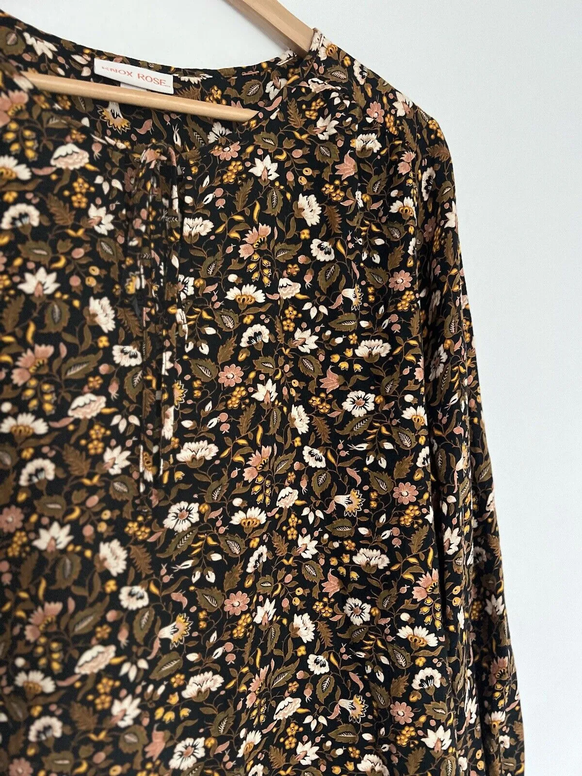 KNOX ROSE Floral Pullover Blouse Sz XL Tie Neck Long Sleeve Tunic Top Boho