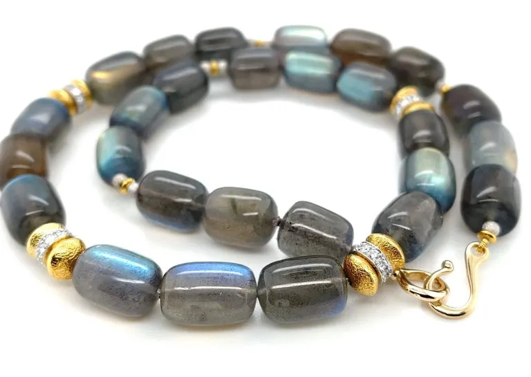 Labradorite Beaded Necklace with Diamond and 18k Gold Accents, 19.5 Inches