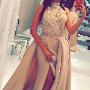 lace appliqué evening dresses long detachable skirt high neck beaded champagne evening gown