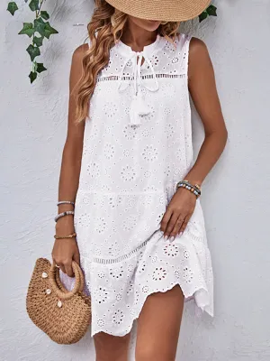 Lace Mini Dress with Eyelet Patterns and Scalloped Hem