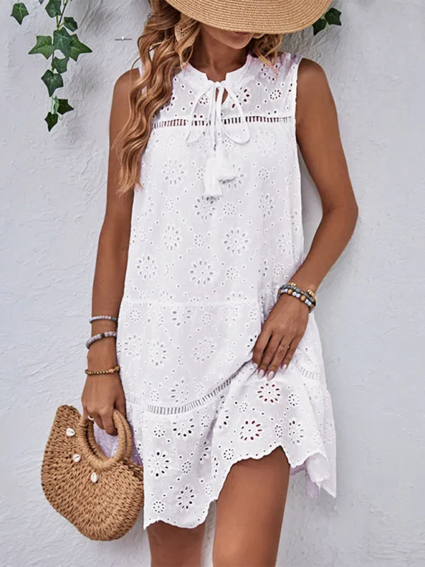 Lace Mini Dress with Eyelet Patterns and Scalloped Hem