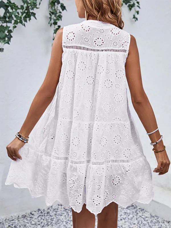 Lace Mini Dress with Eyelet Patterns and Scalloped Hem